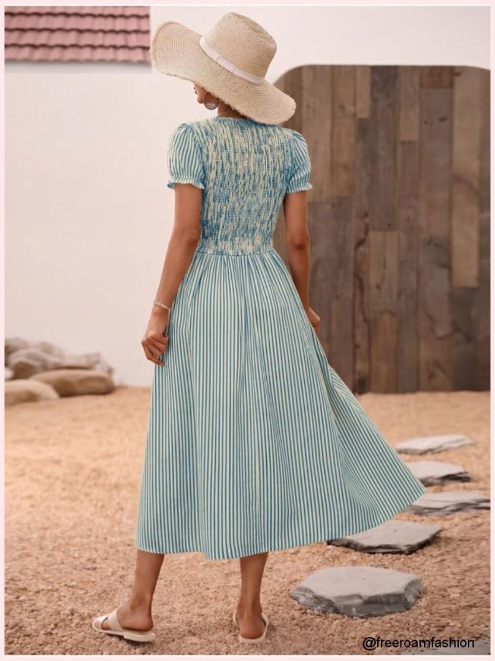 Striped Smocked Midi Dress with Puff Sleeves A-Line Flowy - Picture 6 of 6